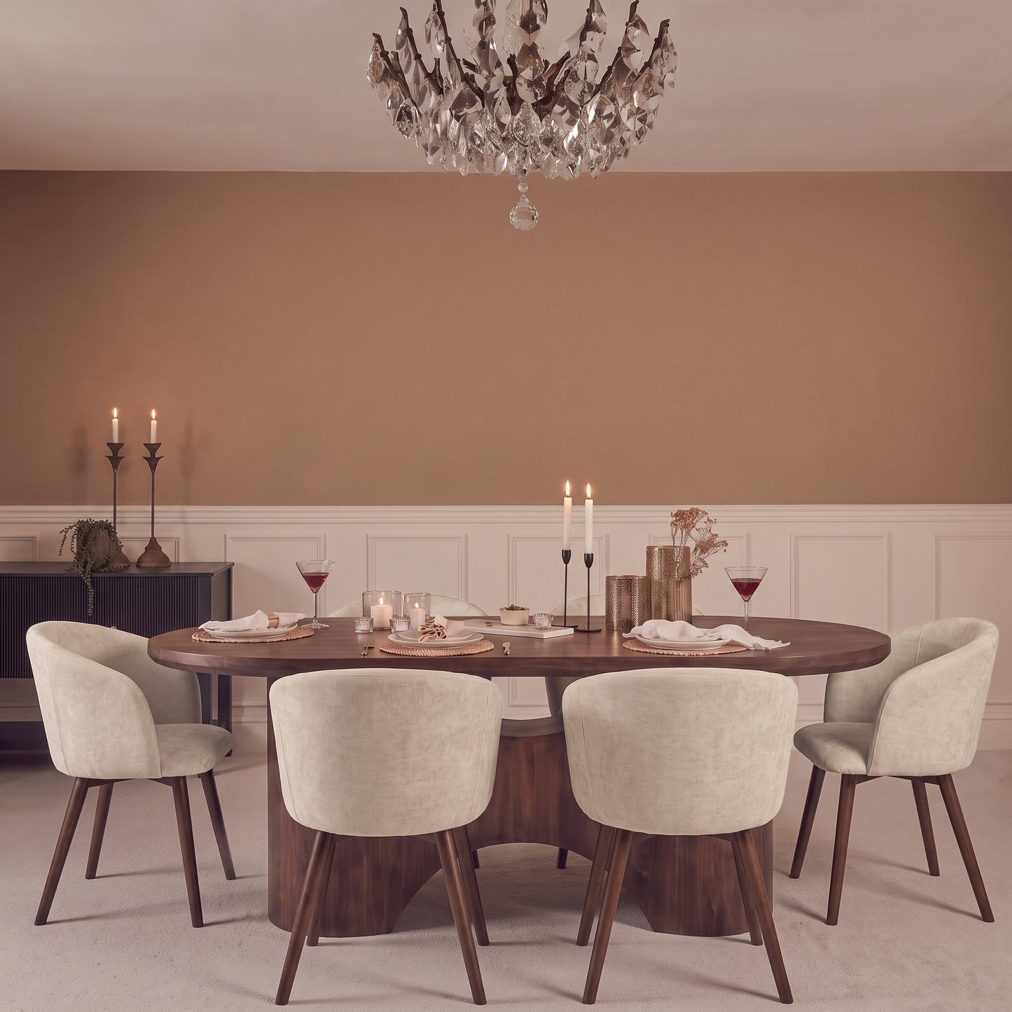 Octavia 220cm Coffee Brown Mango Wood Dining Table Set - 6 Seater - Archer Soft Beige Dining Chairs - Coffee Brown Legs