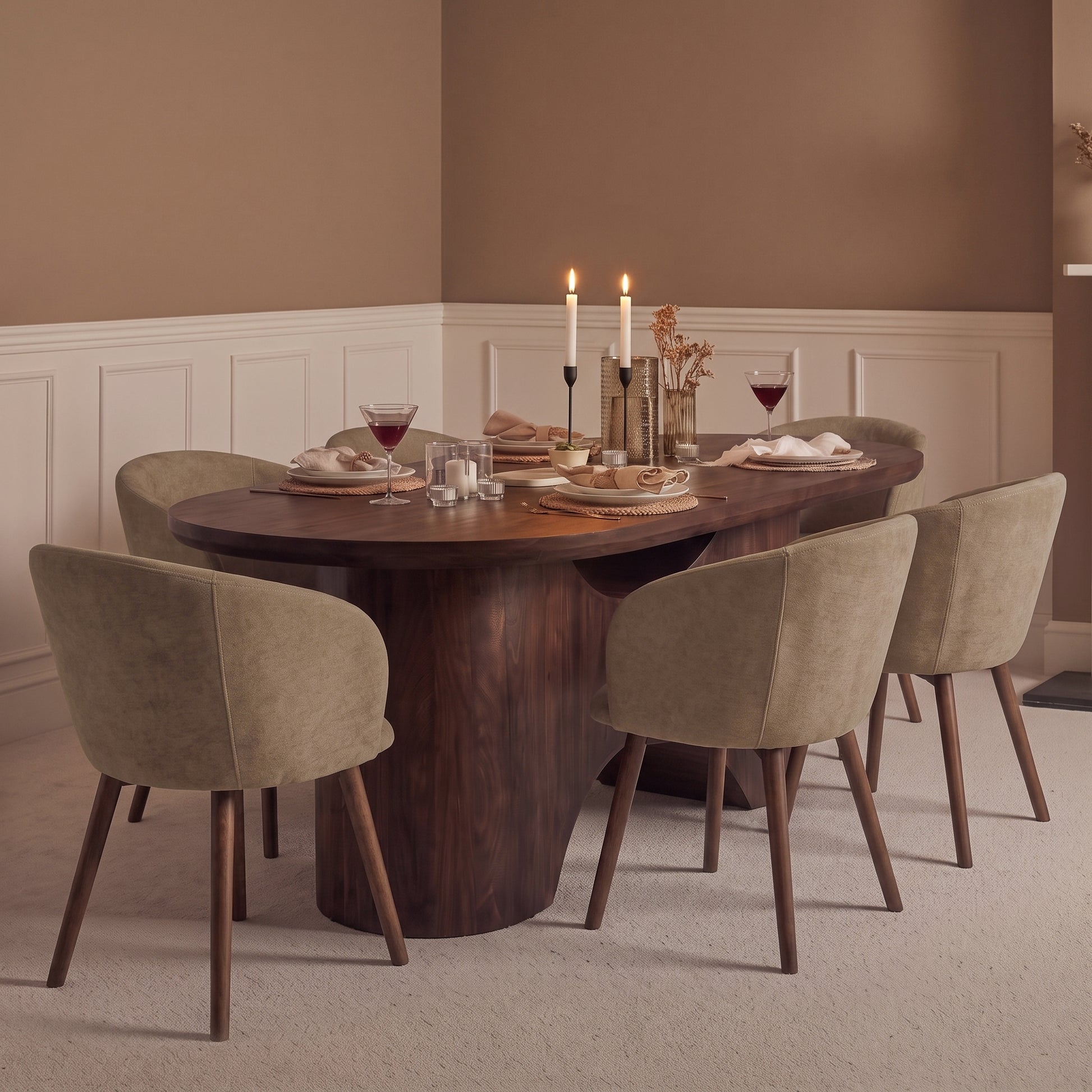 Octavia 220cm Coffee Brown Mango Wood Dining Table Set - 6 Seater - Archer Natural Brown Dining Chairs - Coffee Brown Legs - Laura James 
