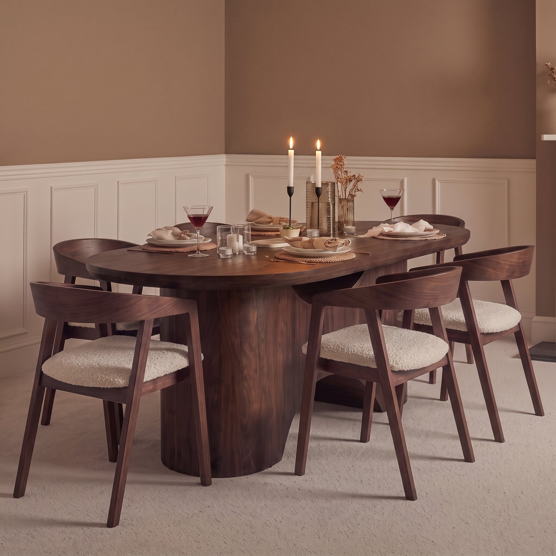 Octavia 220cm Coffee Brown Mango Wood Dining Table Set - 6 Seater - Ella Off White Boucle Carver Chairs - Coffee Brown Legs - Laura James 