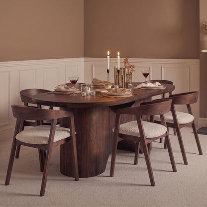 Octavia 220cm Coffee Brown Mango Wood Dining Table Set - 6 Seater - Ella Off White Boucle Carver Chairs - Coffee Brown Legs - Laura James 