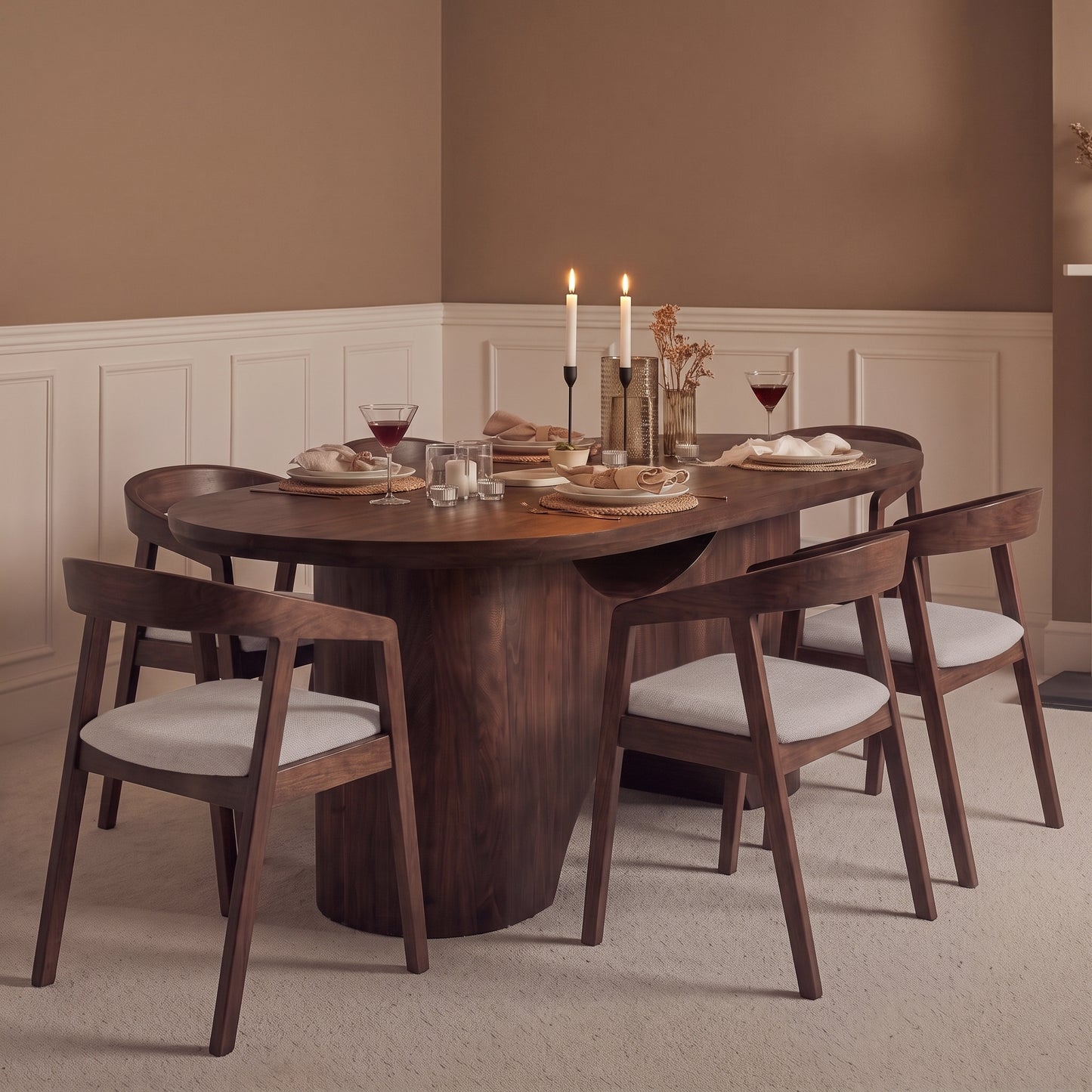 Octavia 220cm Coffee Brown Mango Wood Dining Table Set - 6 Seater - Ella Fawn Linen Dining Armchairs - Coffee Brown Legs - Laura James 