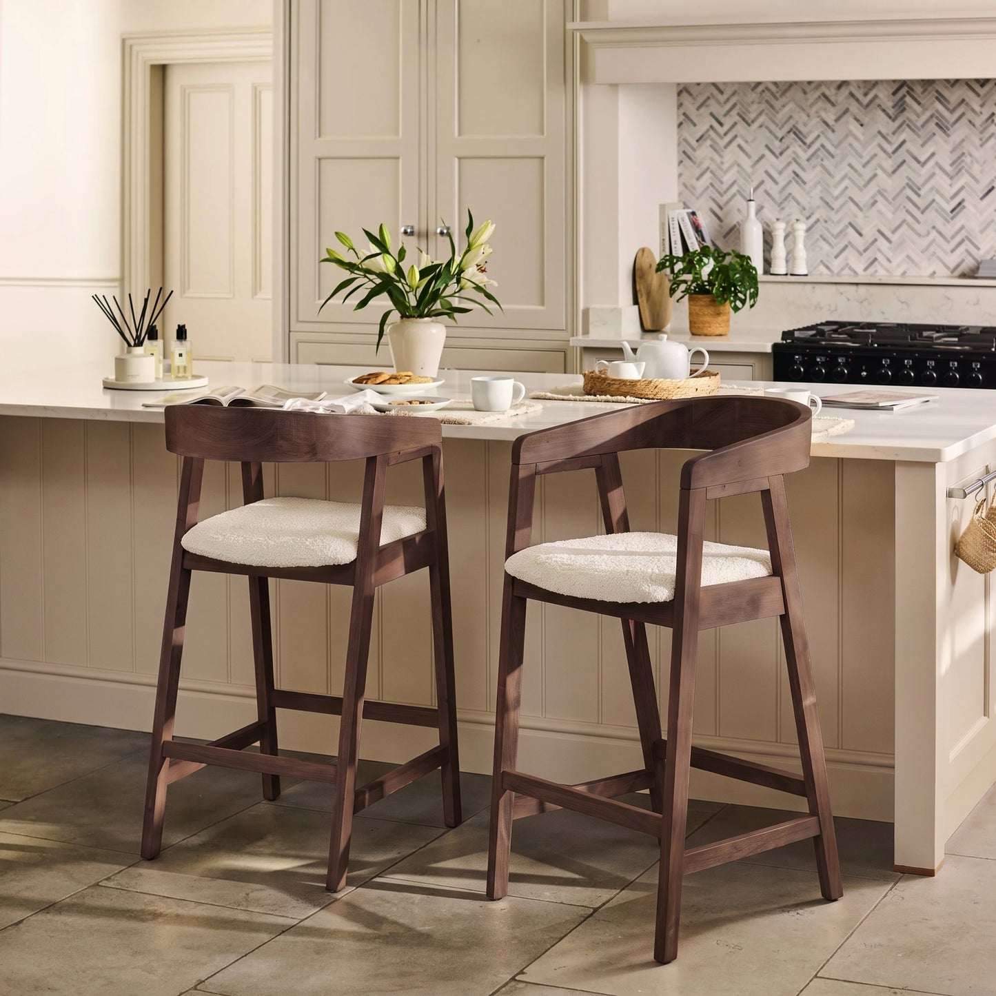 Ella Off White Boucle Bar Stool - Coffee Brown Legs - Laura James 