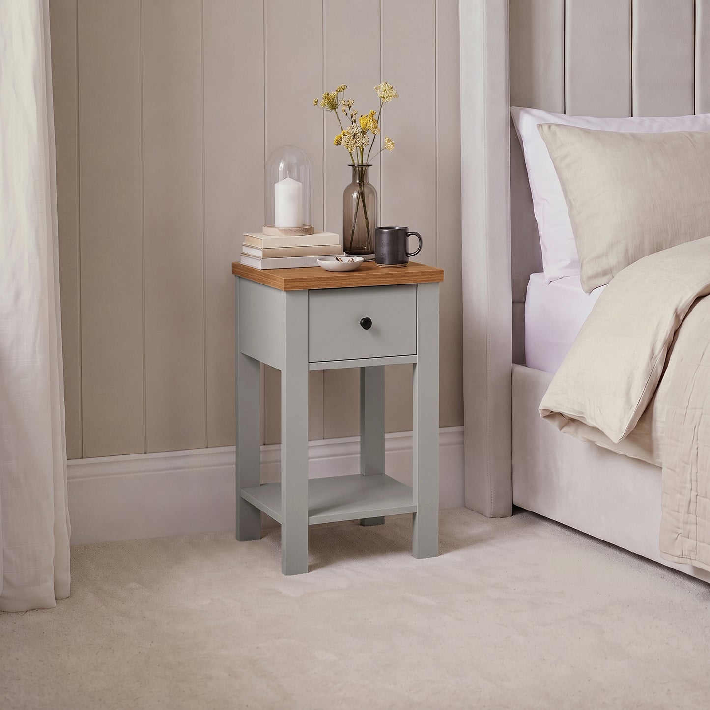 Bampton 1 Drawer Bedside Table - Stone Grey - Laura James 