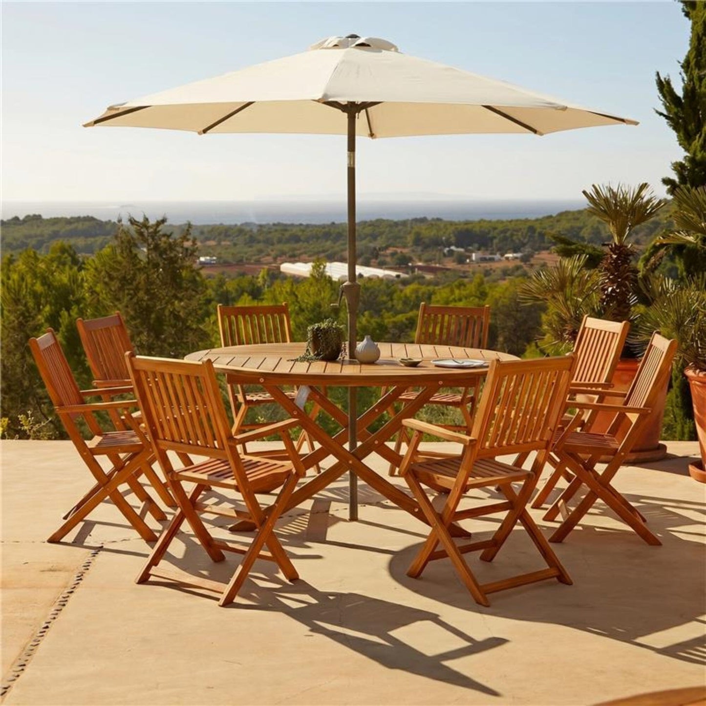 Ashby 8 Seater Wooden Round Garden Dining Set with Arms & Cream Parasol - 160cm - Laura James