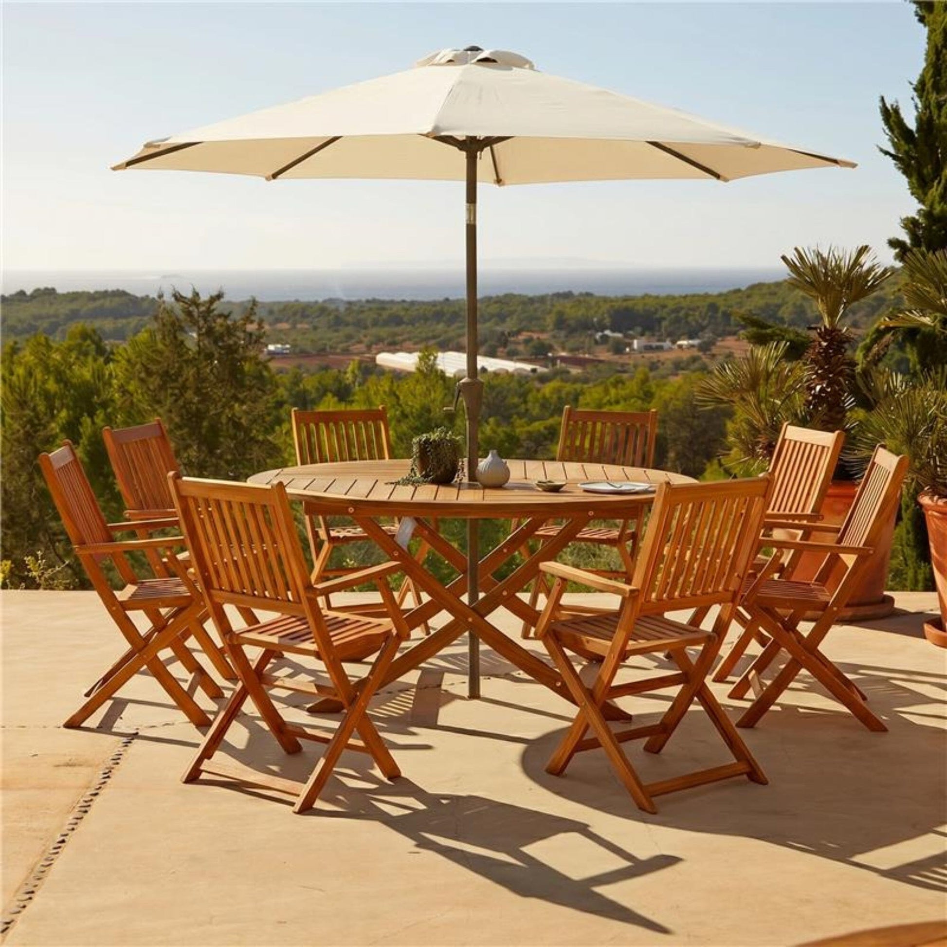 Ashby 8 Seater Wooden Round Garden Dining Set with Arms & Cream Parasol - 160cm - Laura James