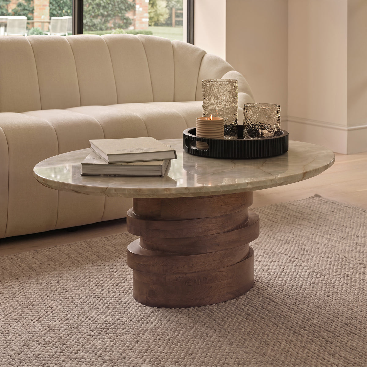 Adam 100cm Oval Almond Brown & Lady Grey Marble Coffee Table - Laura James 