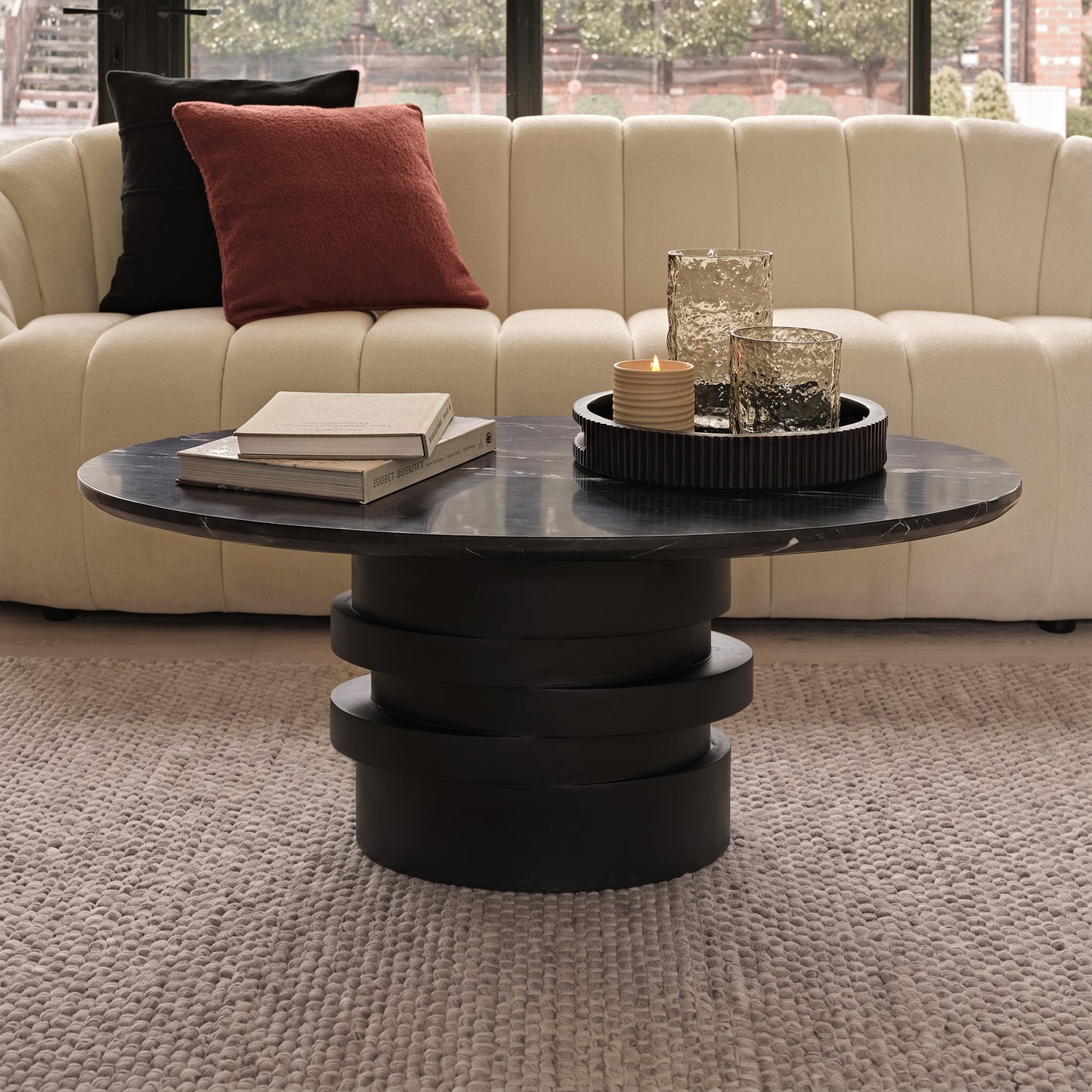 Adam 100cm Oval Jet Black Mango Wood & Black Marble Coffee Table - Laura James 