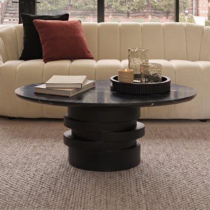 Adam 100cm Oval Jet Black Mango Wood & Black Marble Coffee Table - Laura James 