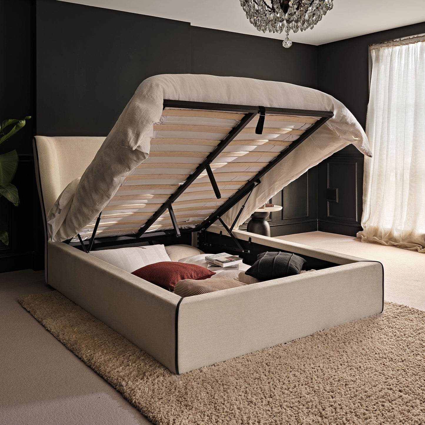 Torin Double Ottoman Bed - Ivory with Jet Black Piping - Laura James 