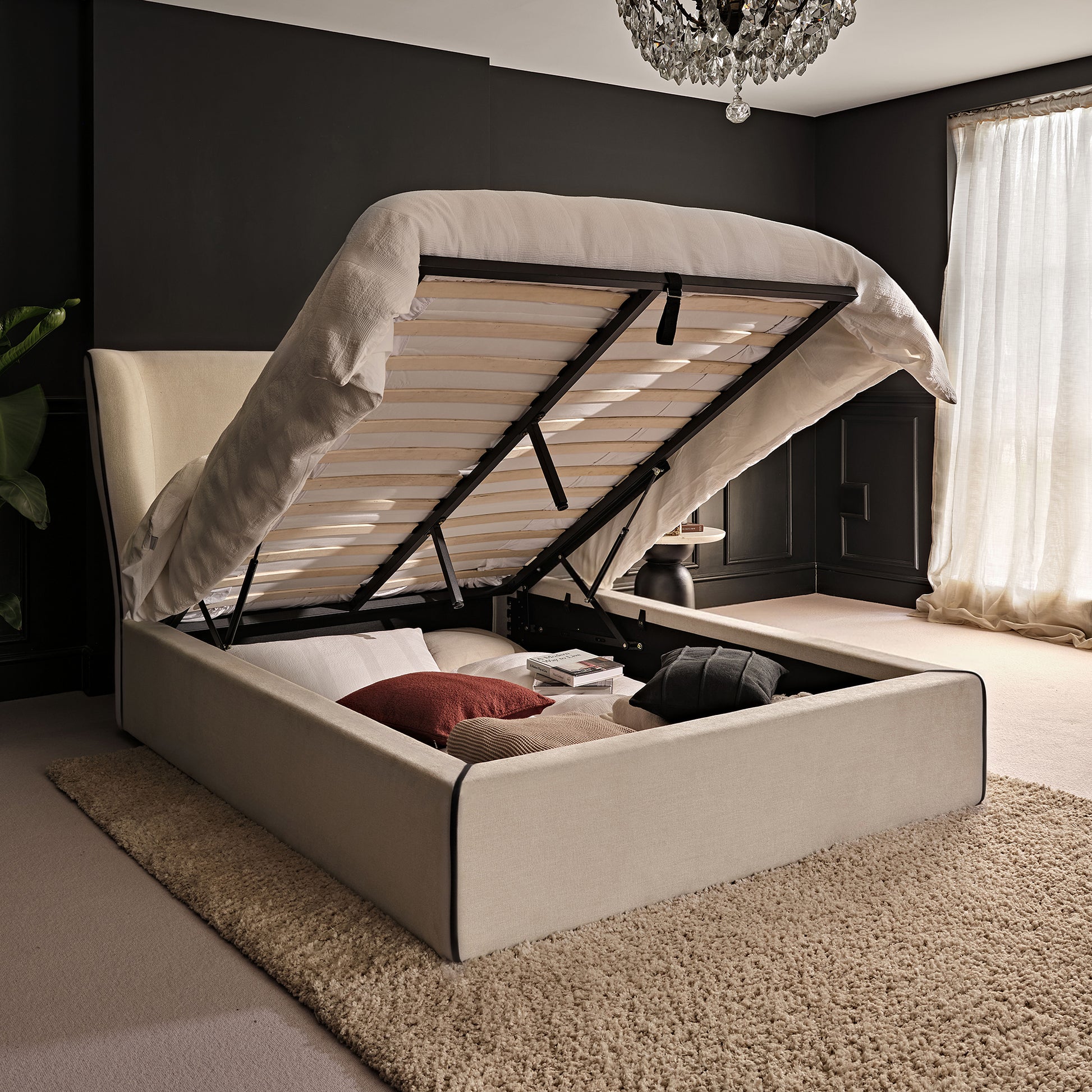 Torin Double Ottoman Bed - Ivory with Jet Black Piping - Laura James 