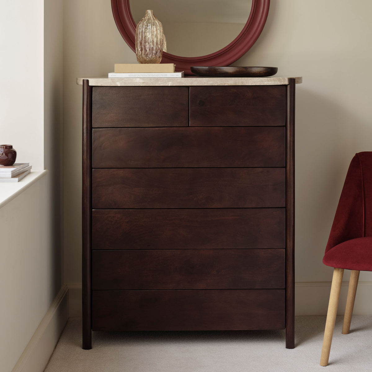 Viola 7 Drawer Tall Boy - Lady Grey Marble & Coffee Brown Mango Wood - Laura James 