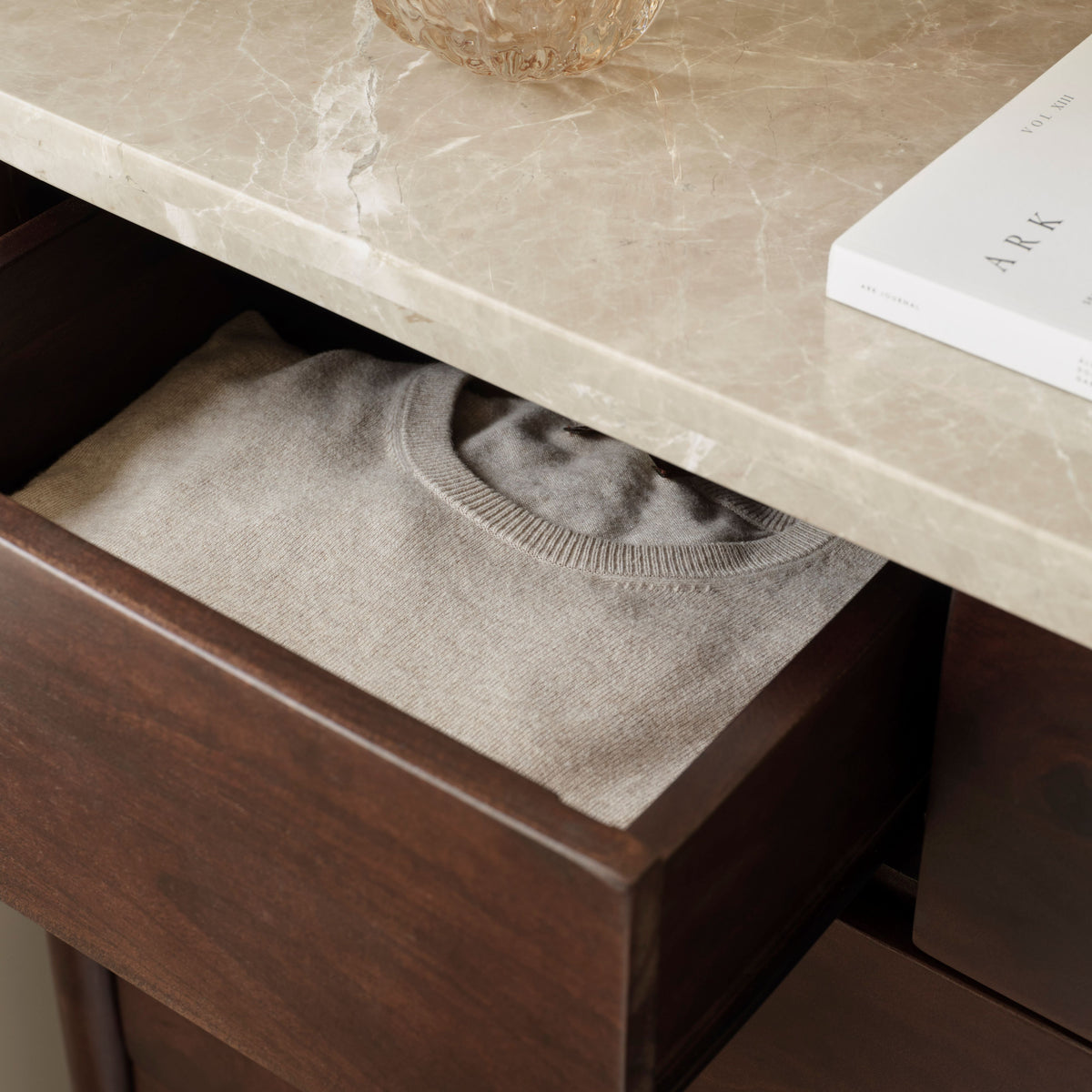 Viola 7 Drawer Tall Boy - Lady Grey Marble & Coffee Brown Mango Wood - Laura James 