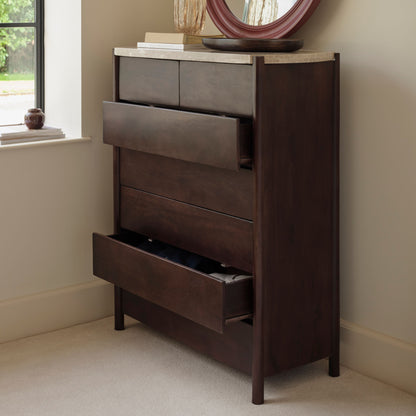 Viola 7 Drawer Tall Boy - Lady Grey Marble & Coffee Brown Mango Wood - Laura James 