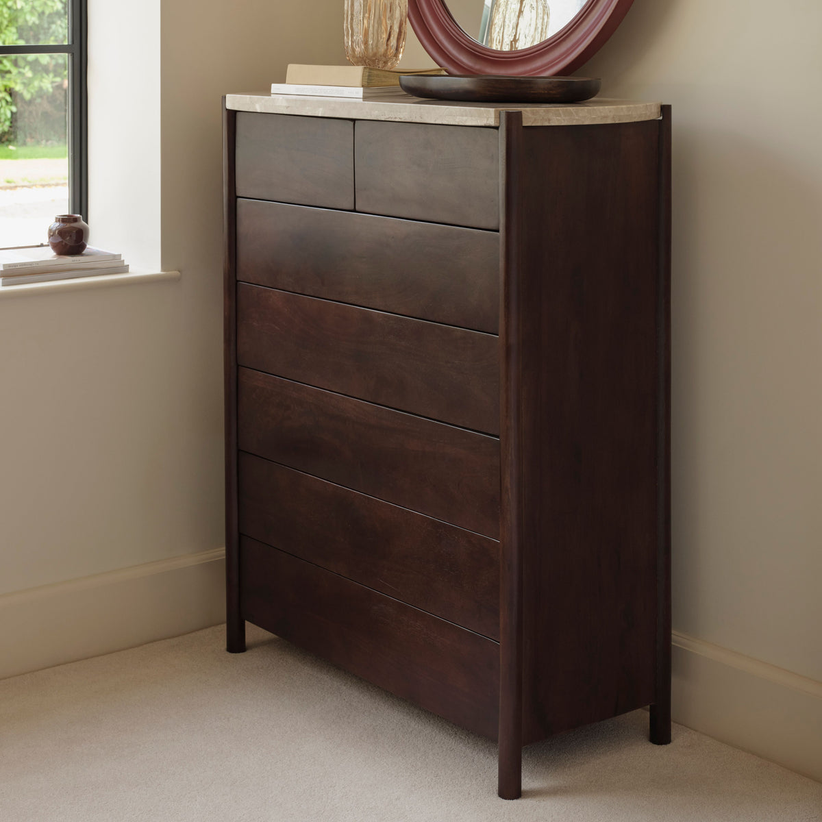 Viola 7 Drawer Tall Boy - Lady Grey Marble & Coffee Brown Mango Wood - Laura James 