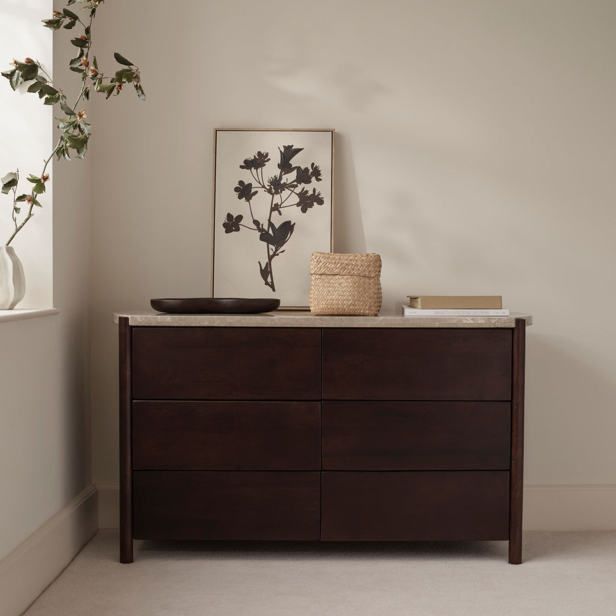 Viola 130cm 6 Drawer Chest of Drawers - Lady Grey Marble & Coffee Brown Mango Wood - Laura James 