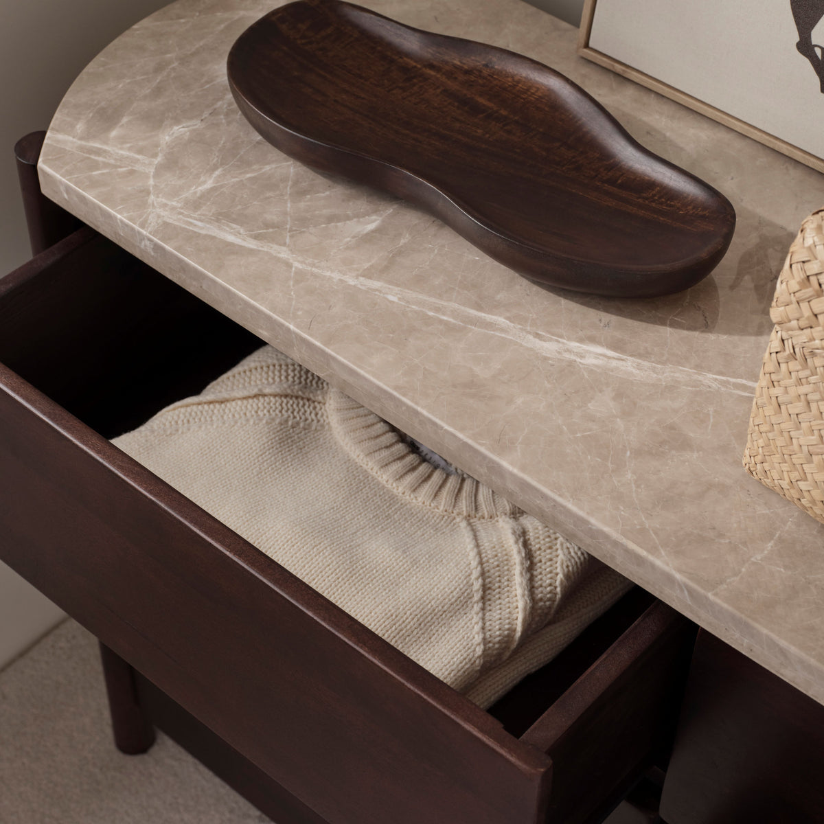 Viola 130cm 6 Drawer Chest of Drawers - Lady Grey Marble & Coffee Brown Mango Wood - Laura James 
