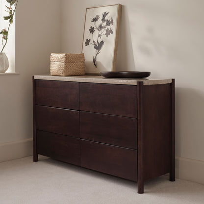 Viola 130cm 6 Drawer Chest of Drawers - Lady Grey Marble & Coffee Brown Mango Wood - Laura James 