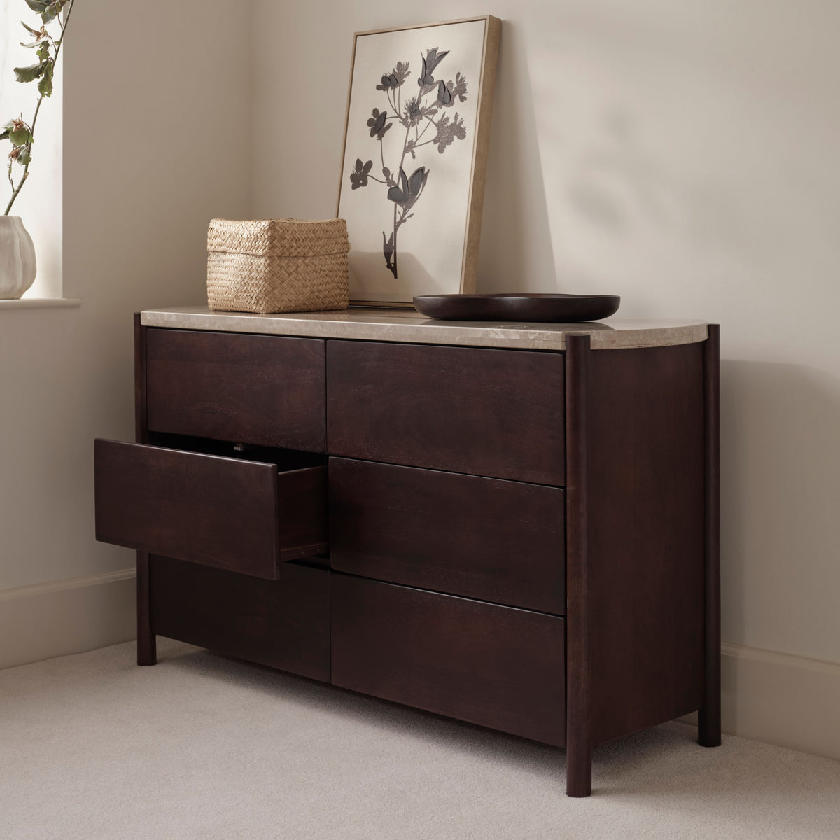  Viola 130cm 6 Drawer Chest of Drawers - Lady Grey Marble & Coffee Brown Mango Wood - Laura James 