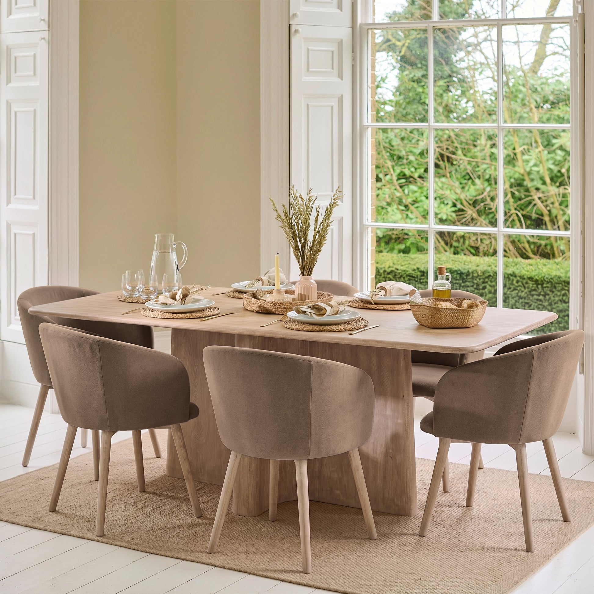 Bastian 220cm Limewash Dining Table Set - 6 Seater - Archer Natural Brown Dining Chairs - Whitewash Legs - Laura James 