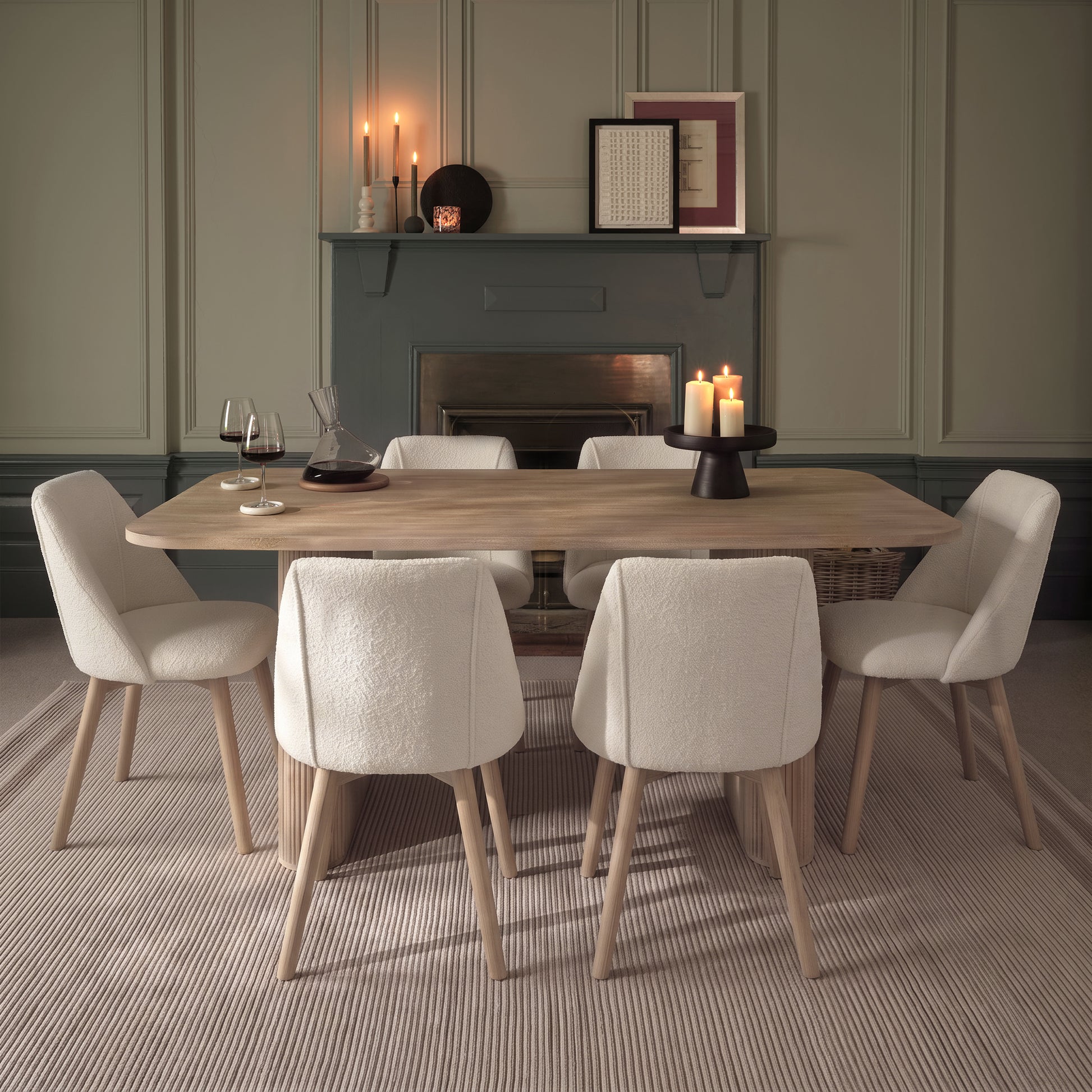 Orla 180cm Limewash Dining Table Set - 6 Seater - Freya Oat Boucle Dining Chairs - Chalked Mango Wood Legs - Laura James