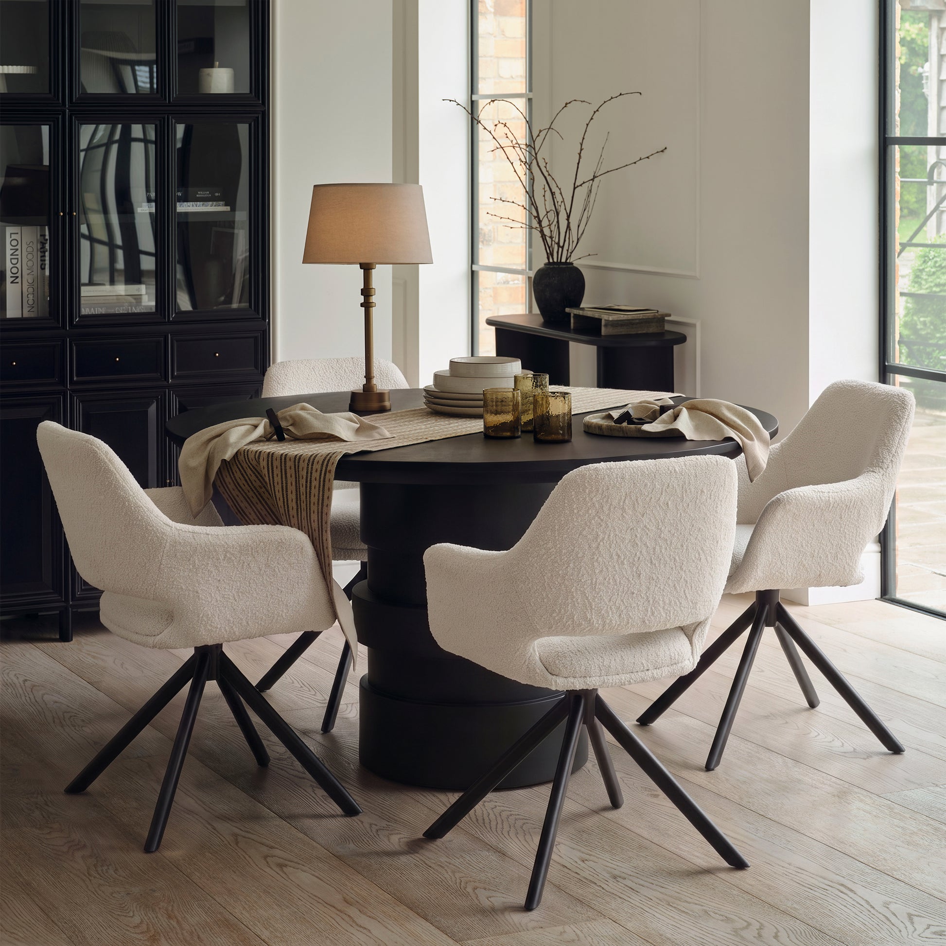 Adam 135cm Jet Black Mango Wood Round Dining Table Set - 4 Seater - Parker Snow White Boucle Office Chairs - Black Metal Legs - Laura James 