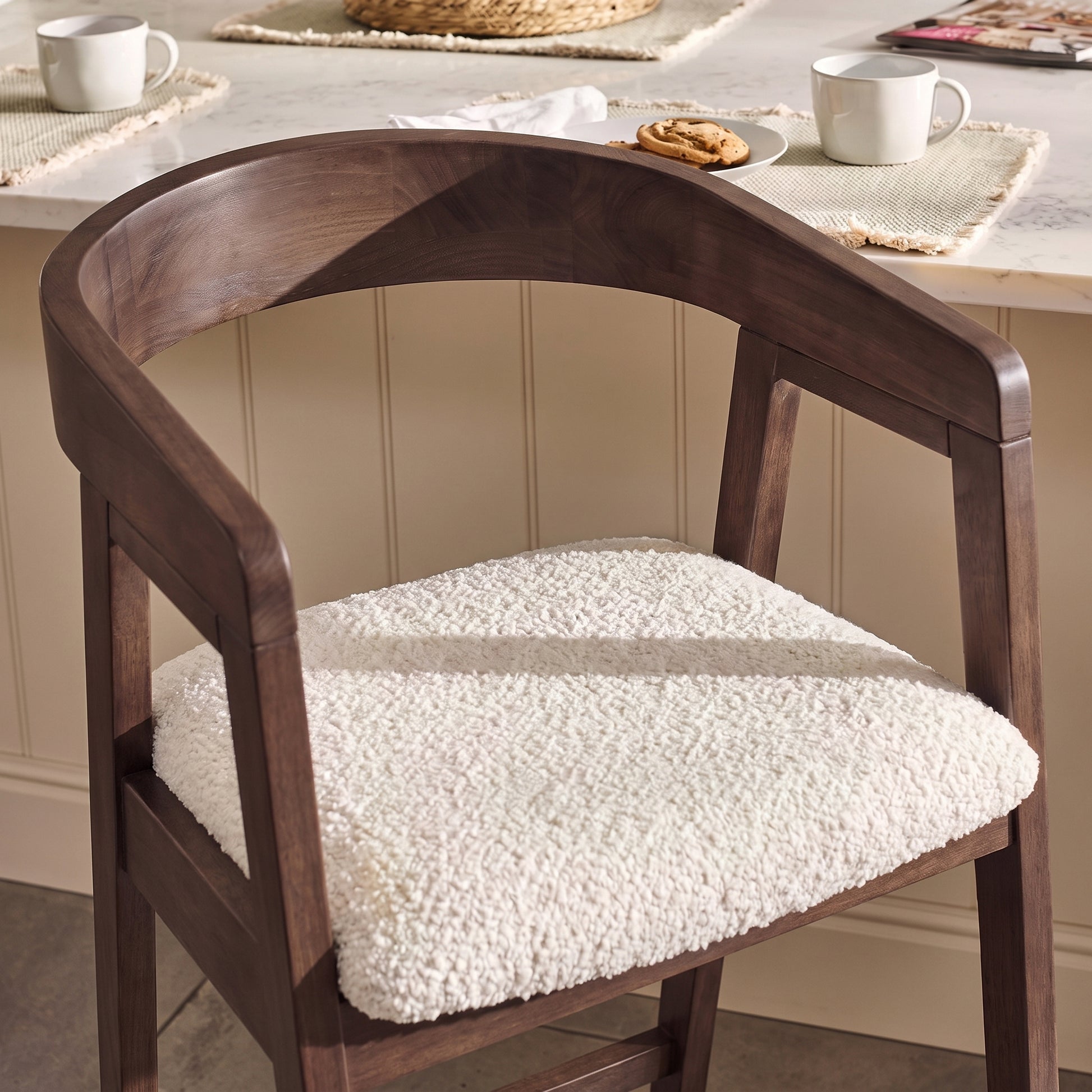 Ella Off White Boucle Bar Stool - Coffee Brown Legs - Laura James 