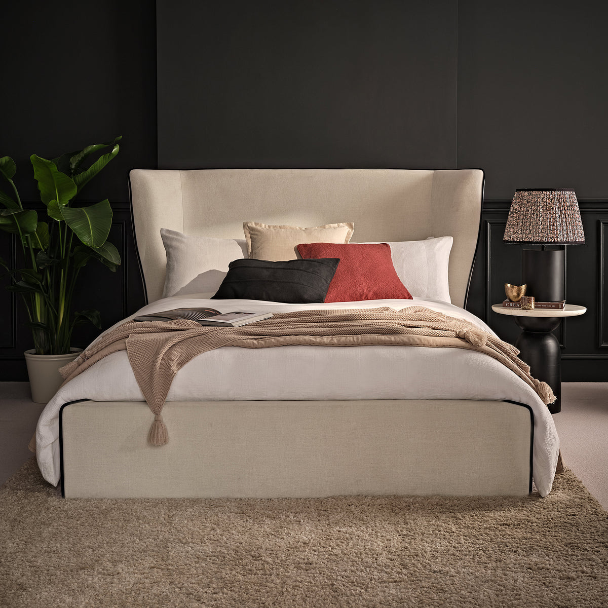 Torin King Ottoman Bed - Ivory with Jet Black Piping - Laura James 