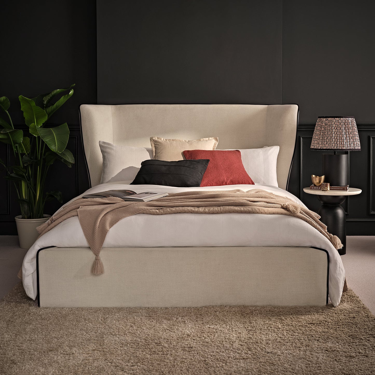 Torin Double Ottoman Bed - Ivory with Jet Black Piping - Laura James 