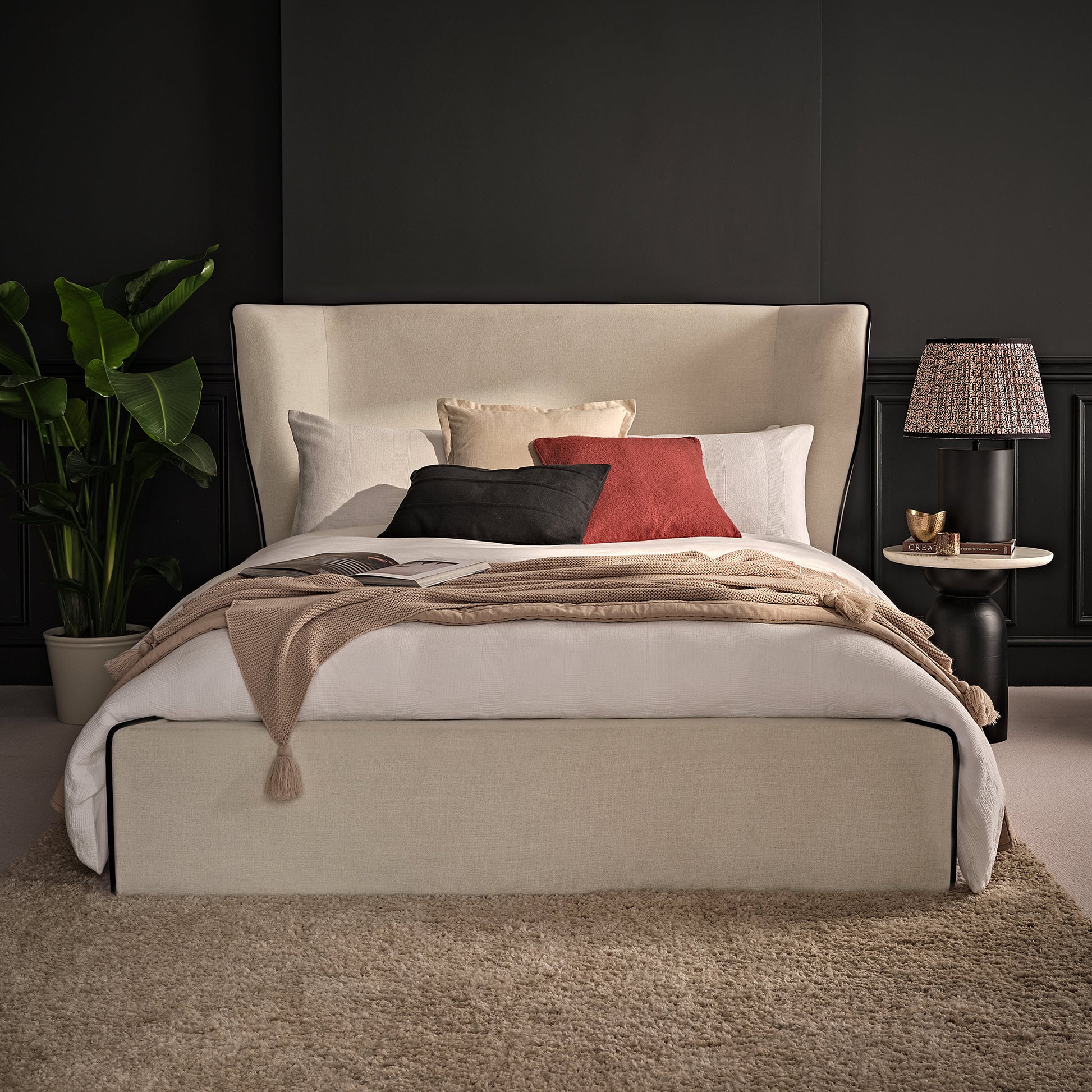 Torin Double Ottoman Bed - Ivory with Jet Black Piping - Laura James 