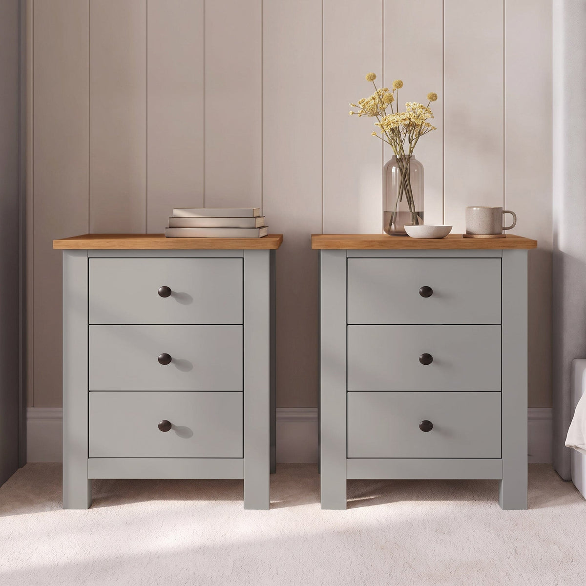 Bampton 3 Drawer Bedside Table - Set of 2 - Stone Grey - Laura James 
