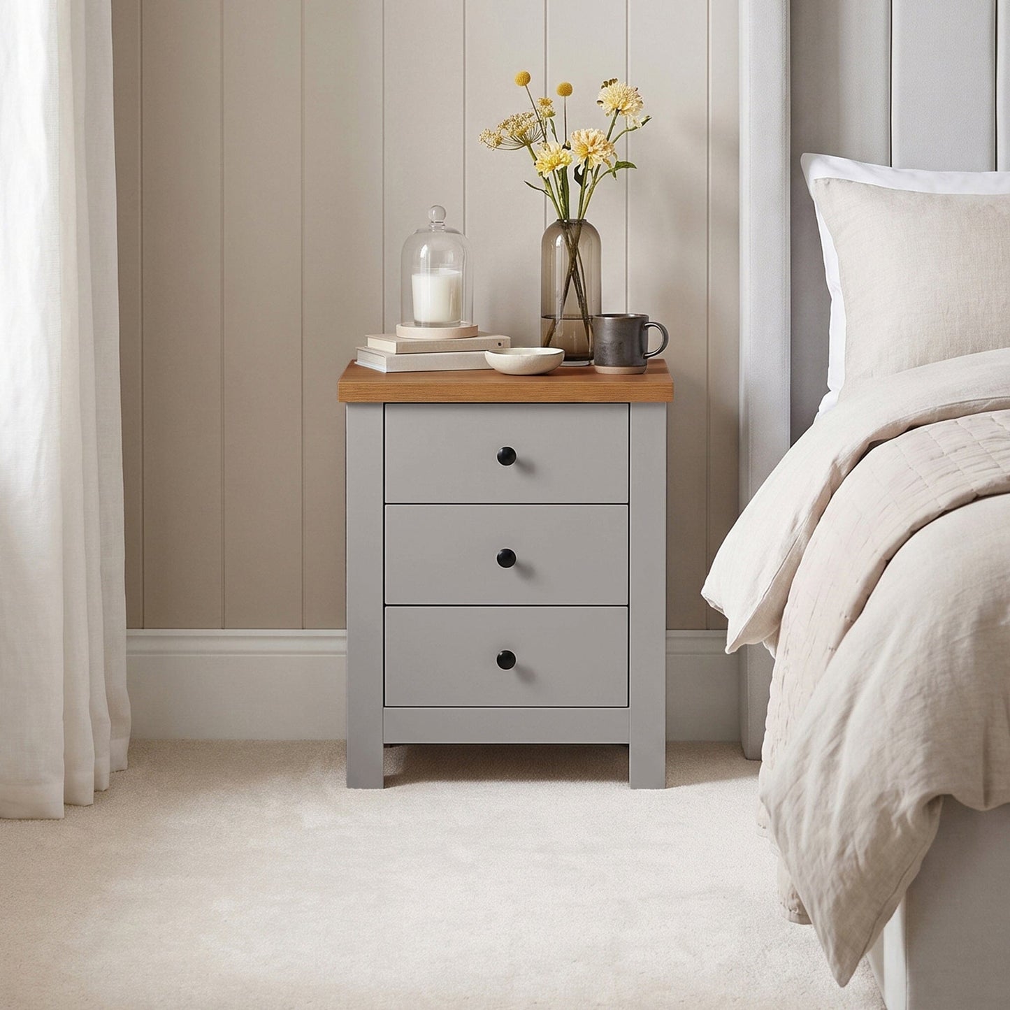Bampton 3 Drawer Bedside Table - Stone Grey - Laura James 