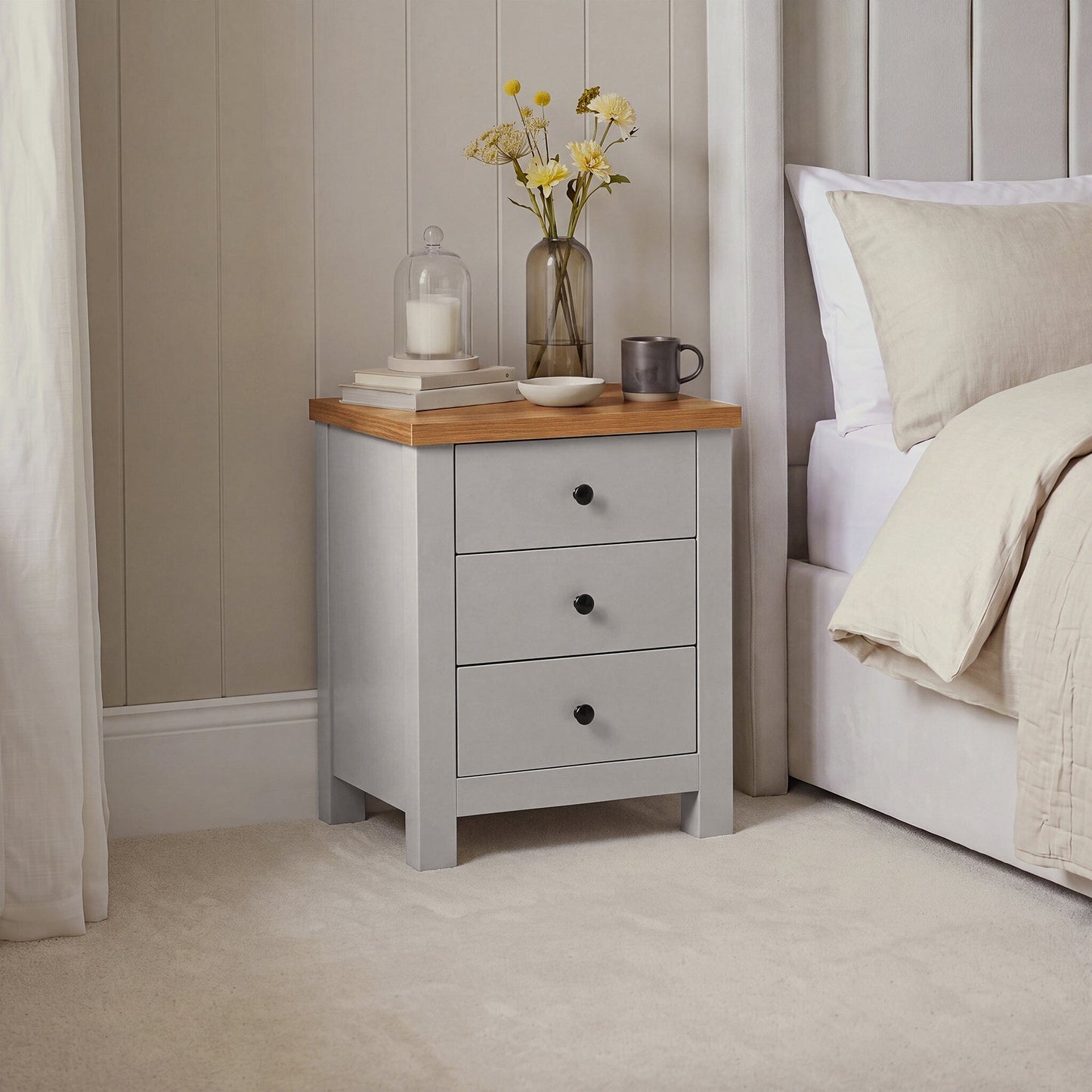 Bampton 3 Drawer Bedside Table - Stone Grey - Laura James 
