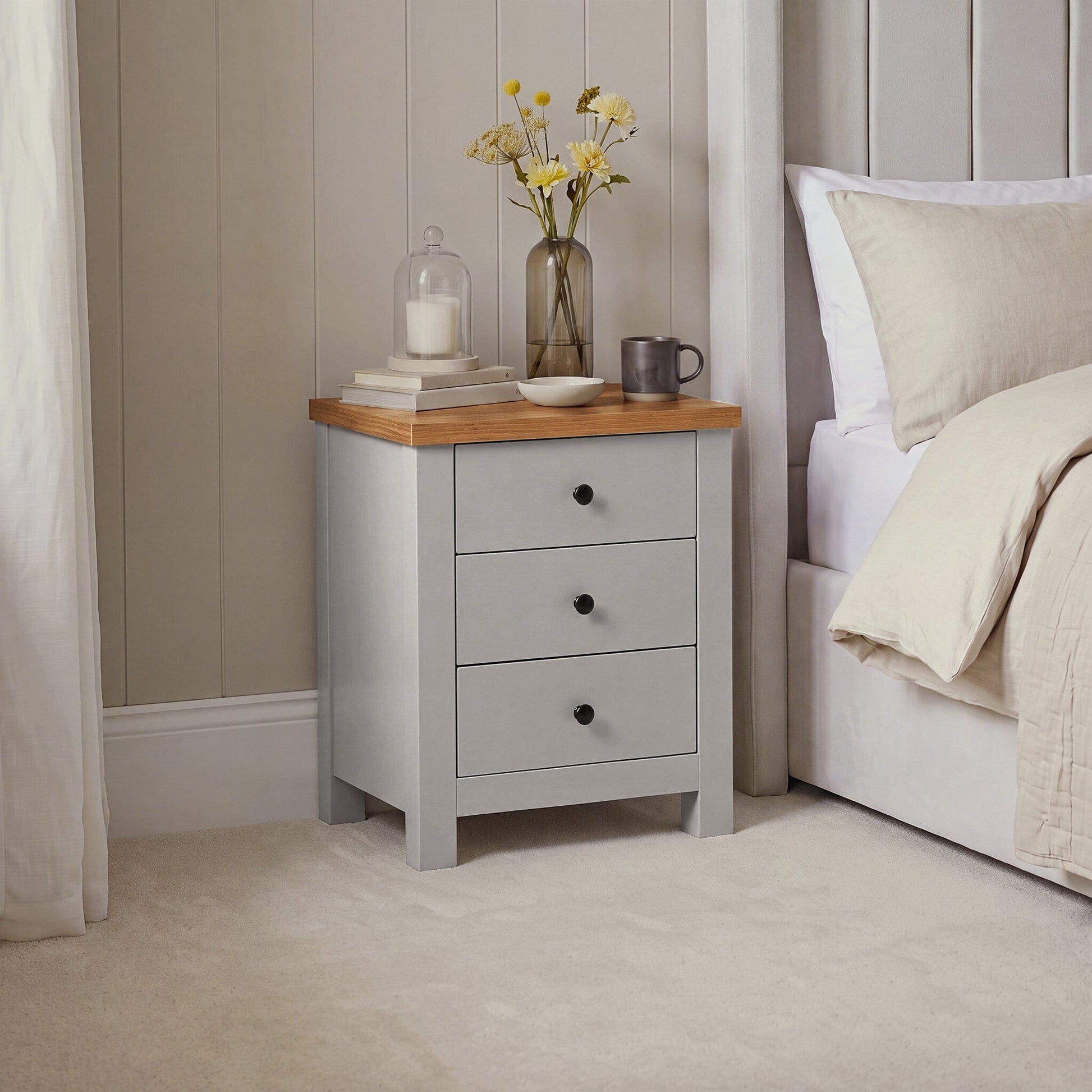 Bampton 3 Drawer Bedside Table - Stone Grey - Laura James 