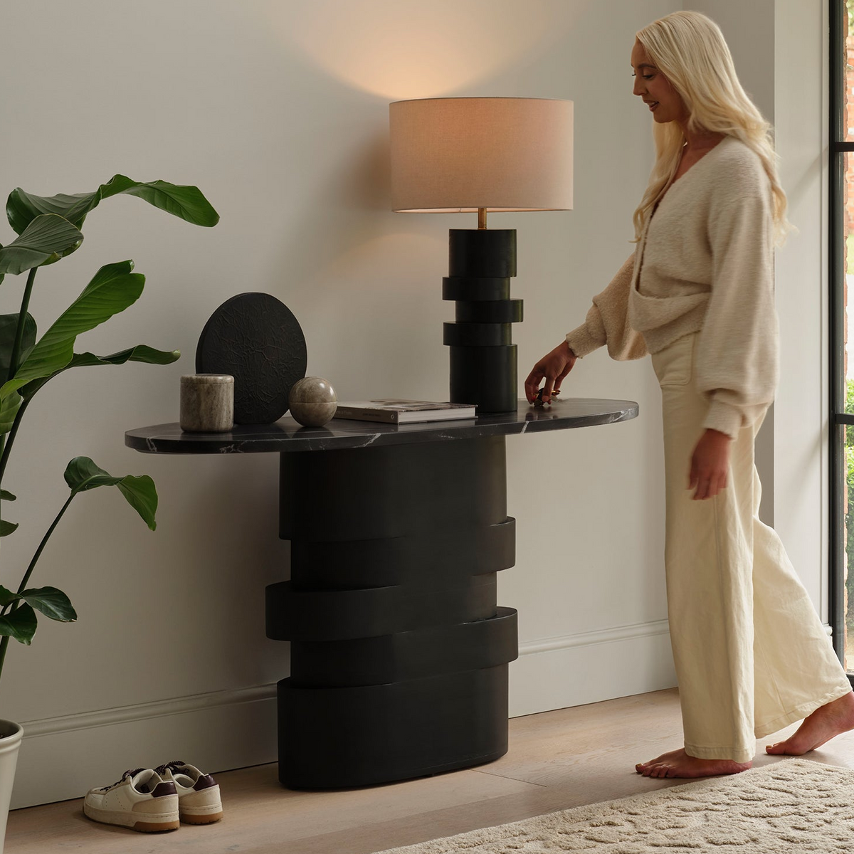 Adam 140cm Jet Black Mango Wood & Black Marble Oval Console Table