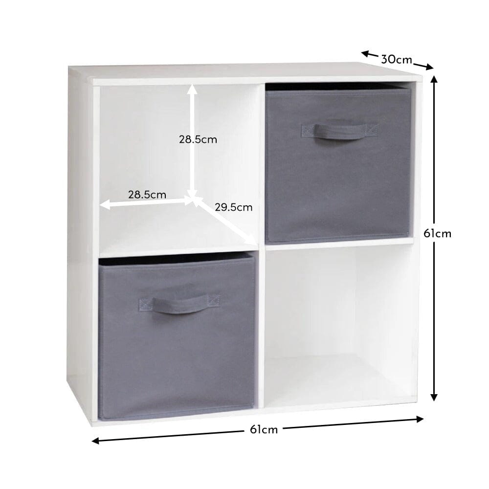 Cara 4 Cube Chalk White Bookcase Wooden Display Unit Shelving Storage Bookshelf Shelves - Grey Basket - Laura James