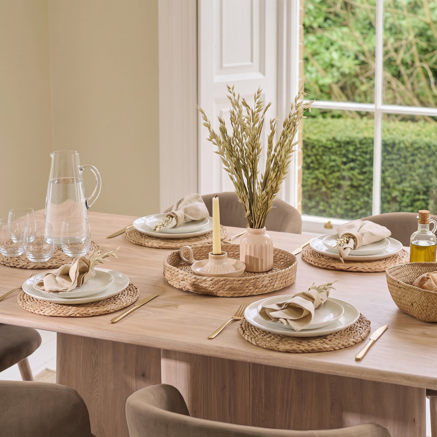 Bastian 220cm Limewash Dining Table Set - 6 Seater - Archer Natural Brown Dining Chairs - Whitewash Legs - Laura James 