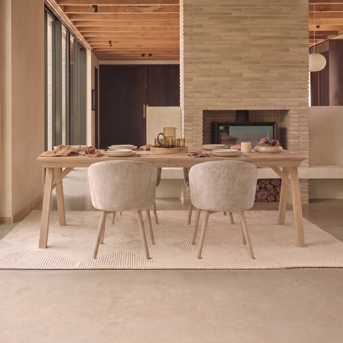 Sabina 160-240cm Whitewash Oak Extending Dining Table Set - 4 Seater - Archer Soft Beige Dining Chairs - Whitewash Legs