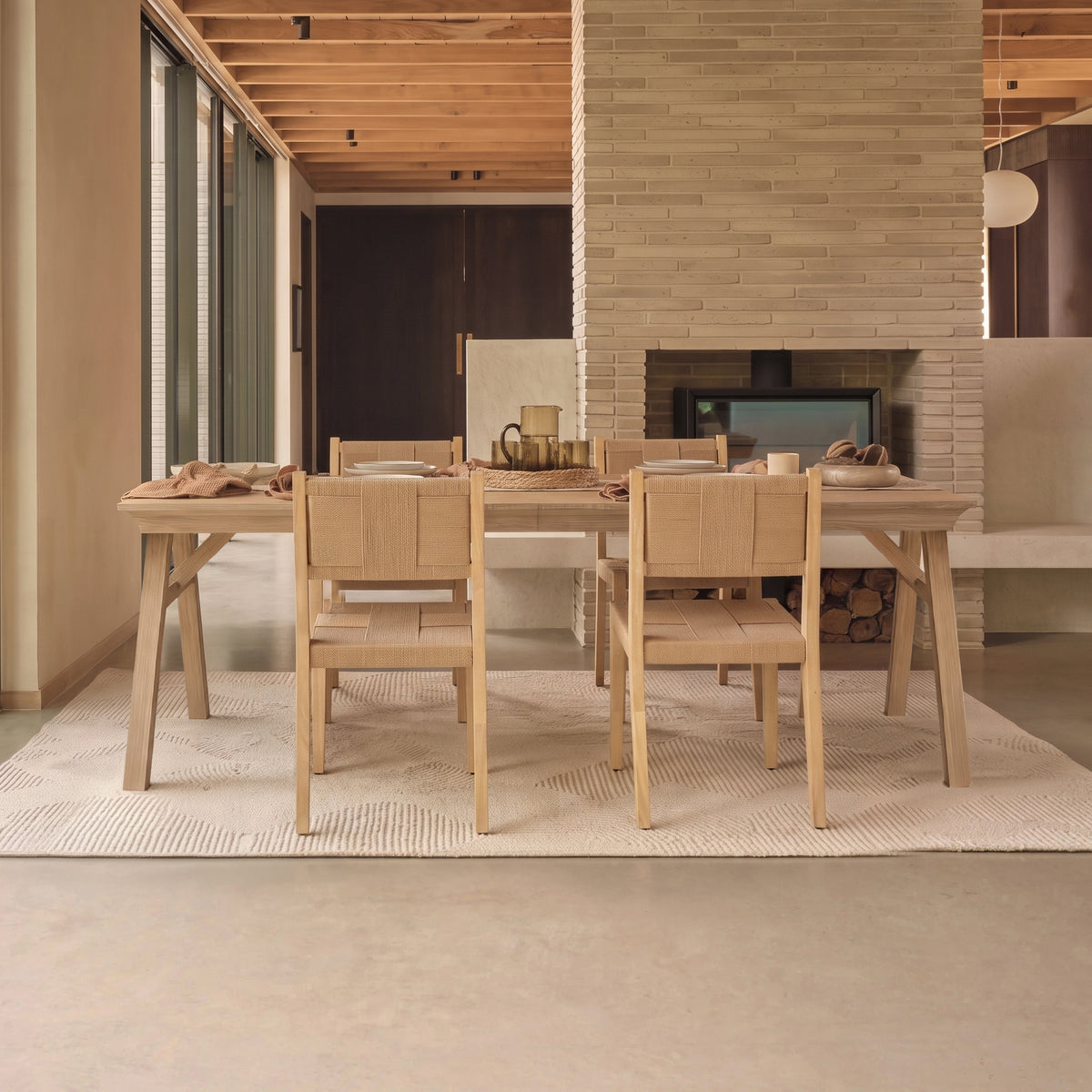 Sabina 160-240cm Extending Whitewash Oak Dining Table Set - 4 Seater - Dinah Natural String Dining Chairs - Whitewash Oak Legs