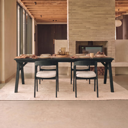 Sabina 160-240cm Black Oak Extending Dining Table Set - 4 Seater - Ella Off White Boucle Dining Chairs - Black Oak Legs