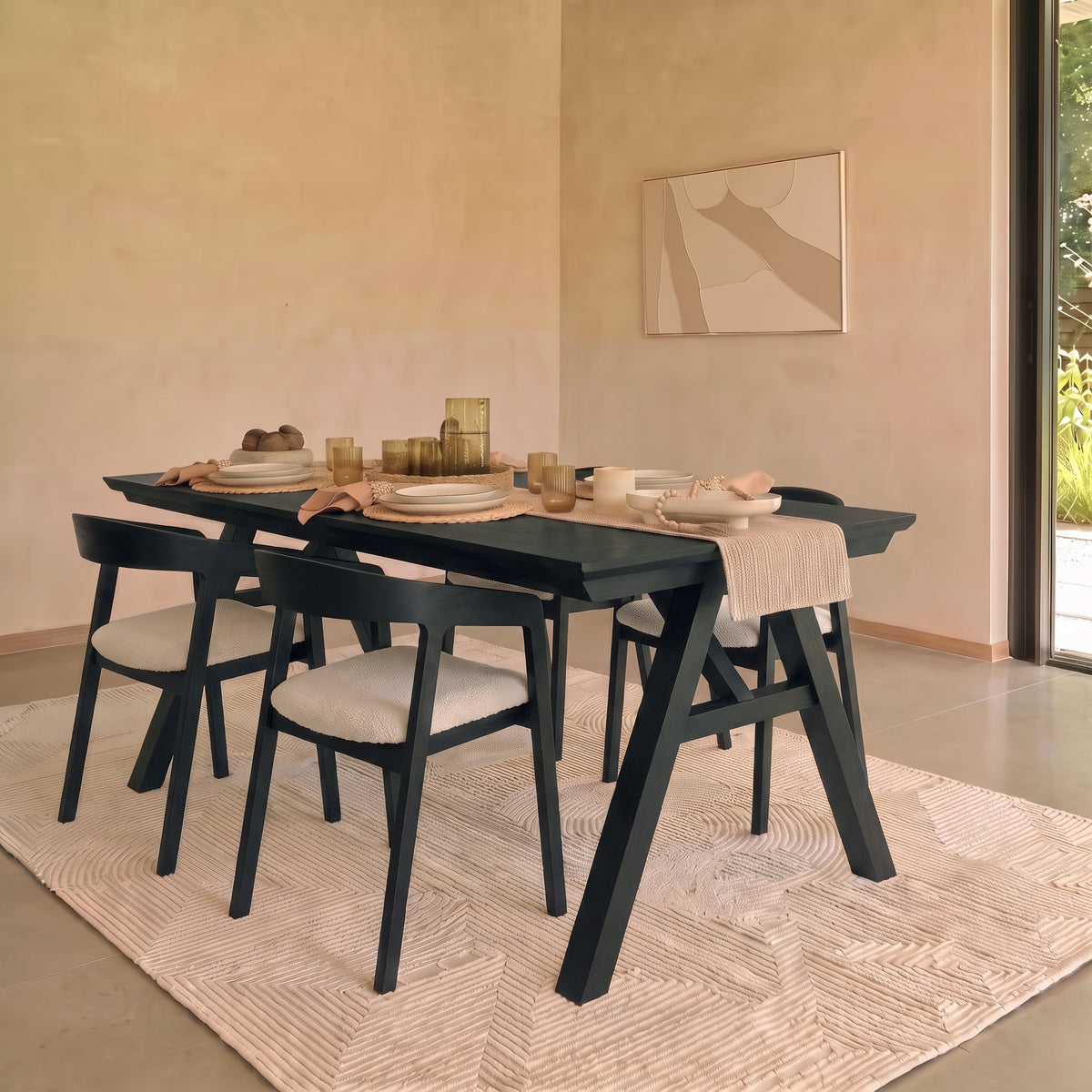 Sabina 160-240cm Black Oak Extending Dining Table Set - 4 Seater - Ella Off White Boucle Dining Chairs - Black Oak Legs