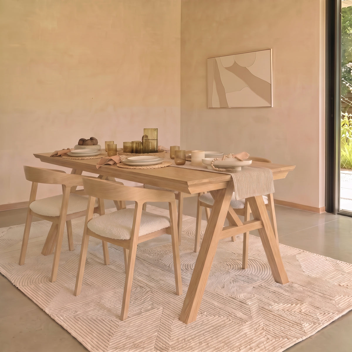 Sabina 160-240cm Pale Oak Extending Dining Table Set - 4 Seater - Ella Off White Boucle Dining Chairs - Pale Oak Legs