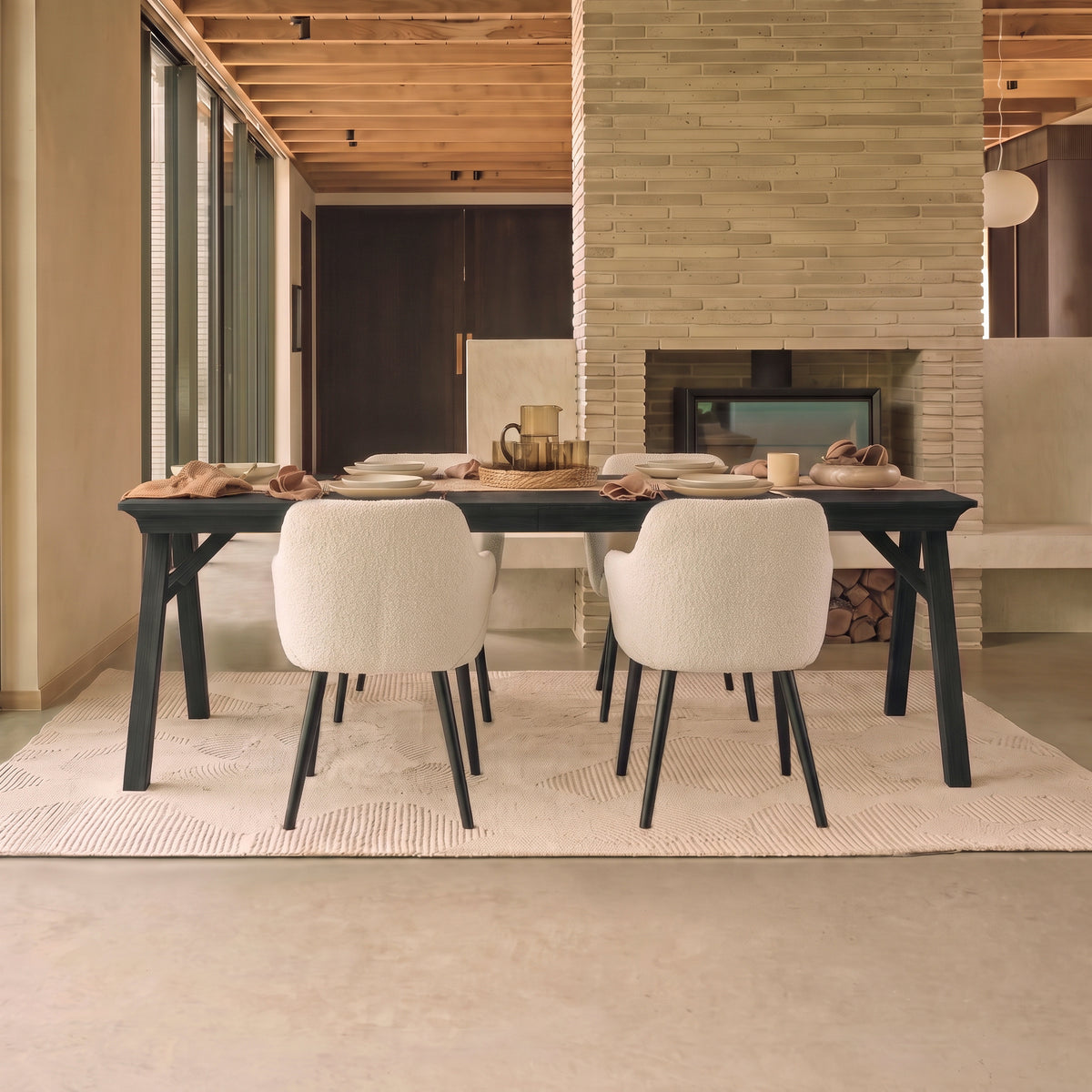 Sabina 160-240cm Black Oak Extending Dining Table Set - 4 Seater - Freya Ecru Boucle Dining Armchairs - Black Oak Legs