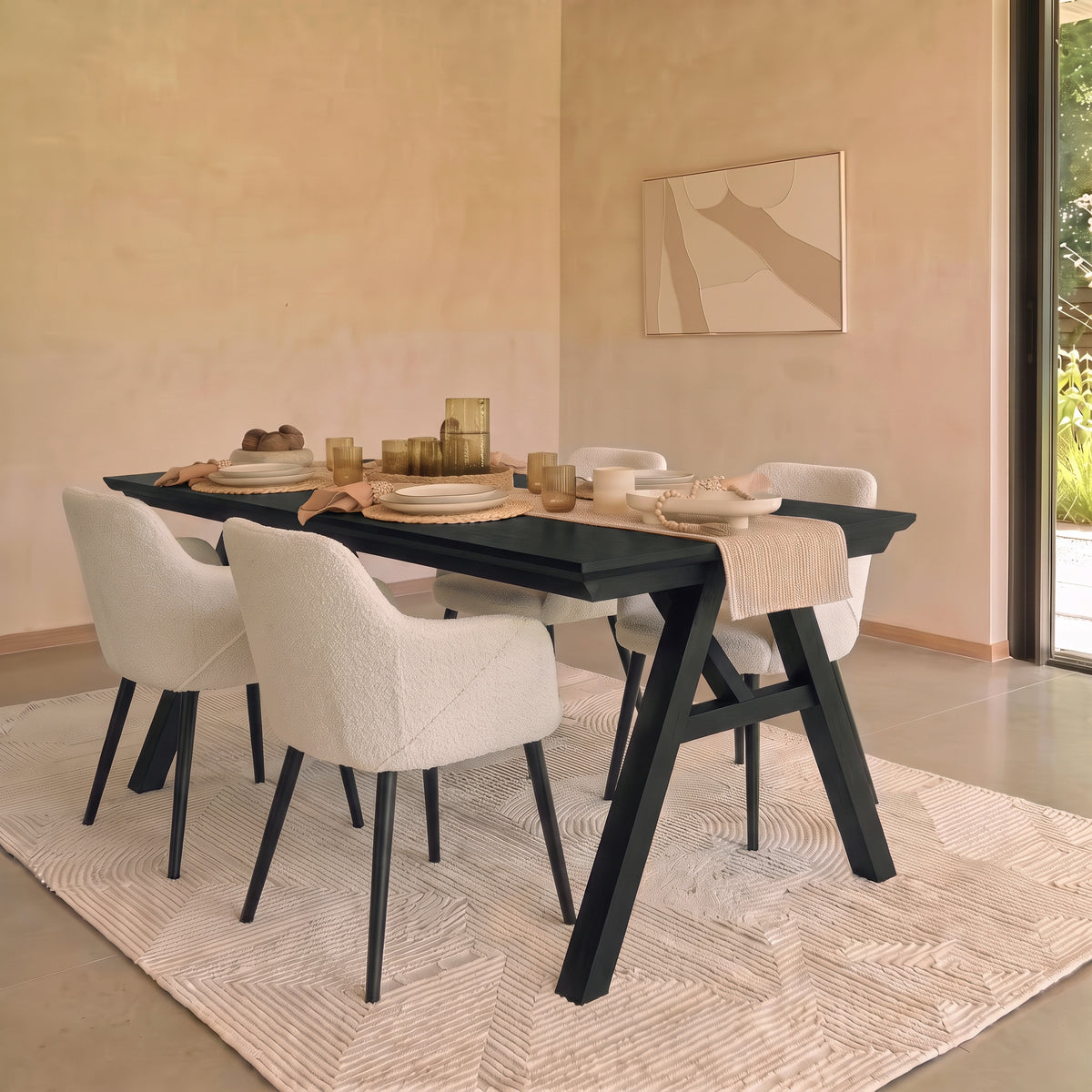 Sabina 160-240cm Black Oak Extending Dining Table Set - 4 Seater - Freya Ecru Boucle Dining Armchairs - Black Oak Legs
