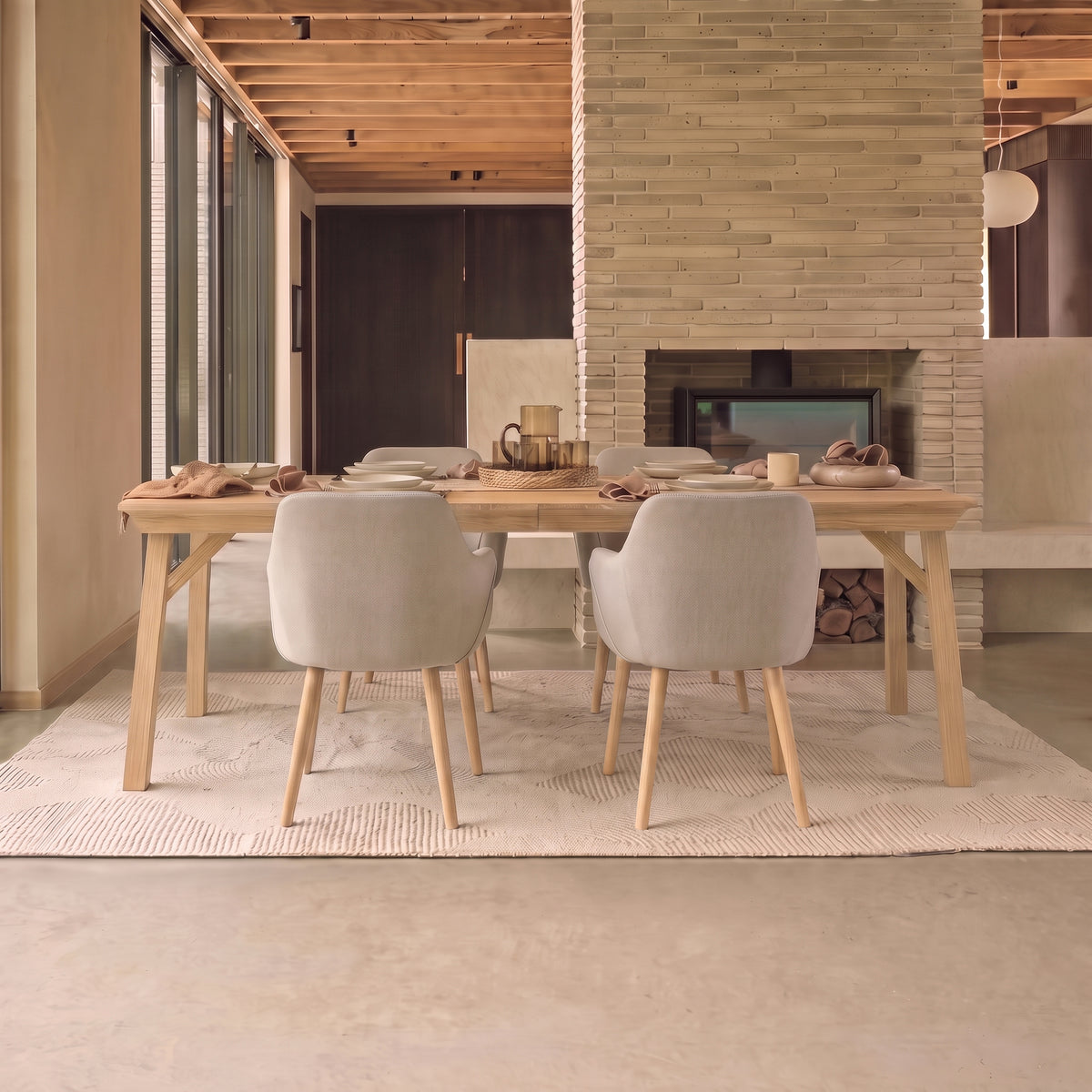 Sabina 160-240cm Pale Oak Extending Dining Table Set - 4 Seater - Freya Sand Dining Armchairs - Pale Oak Legs