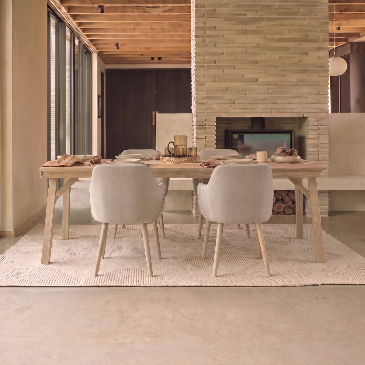 Sabina 160-240cm Whitewash Oak Extending Dining Table Set - 4 Seater - Freya Sand Dining Armchairs - Whitewash Oak Legs