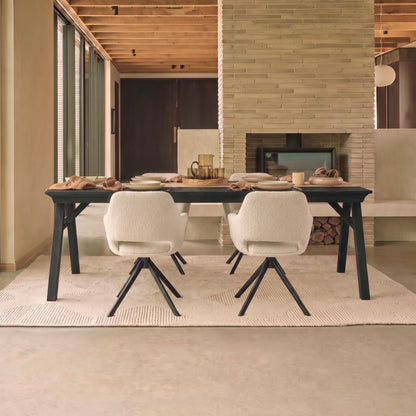 Sabina 160-240cm Black Oak Extending Dining Table Set - 4 Seater - Parker Snow White Boucle Office Chairs - Black Metal Legs