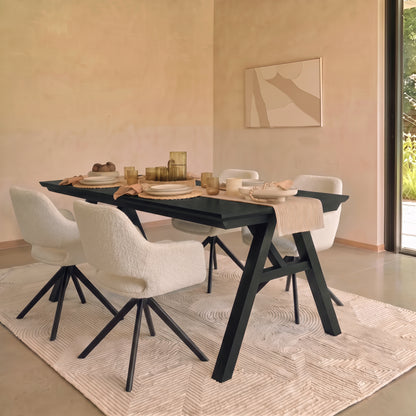 Sabina 160-240cm Black Oak Extending Dining Table Set - 4 Seater - Parker Snow White Boucle Office Chairs - Black Metal Legs