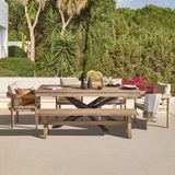 Amelia 6 Seater Wooden Garden Dining Set with 4 Imani Chairs & Charlotte Bench - - Light Brushed Acacia with Black Legs - Laura James