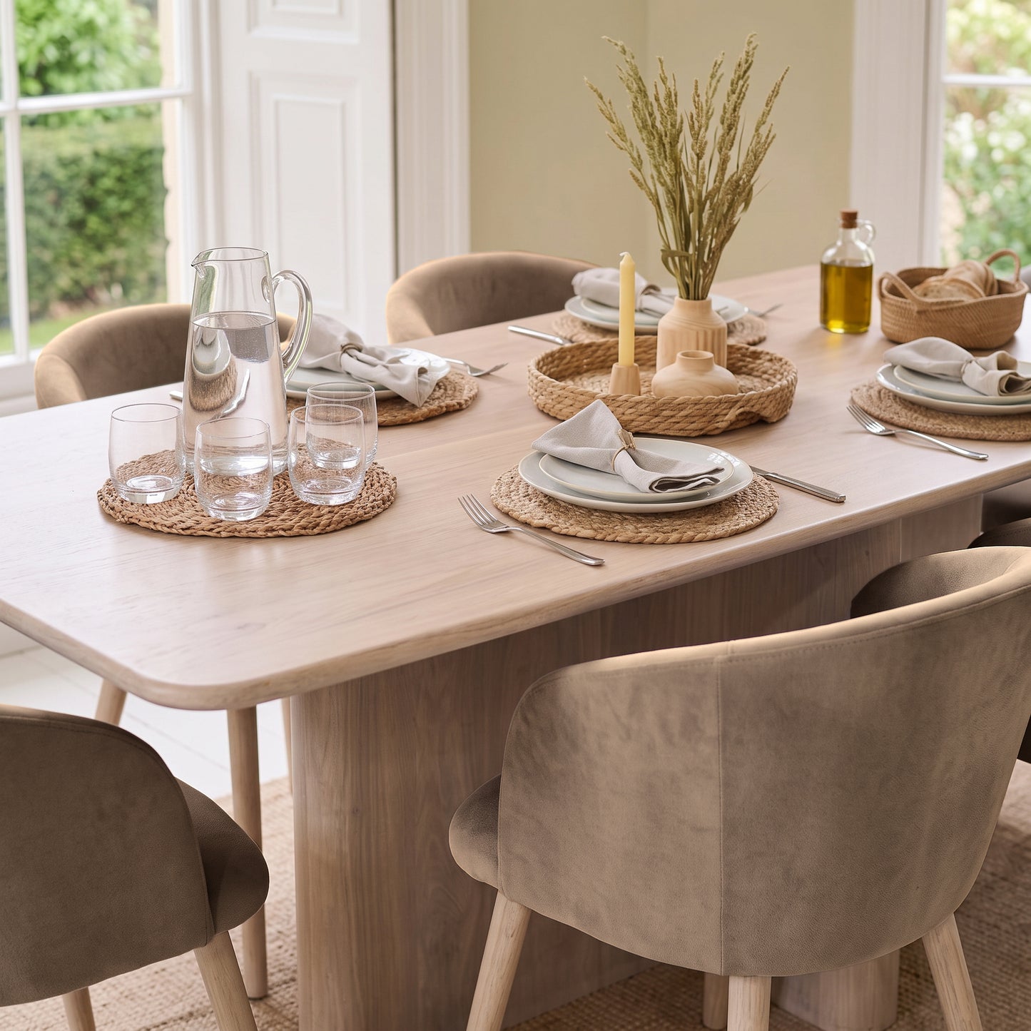 Bastian 220cm Limewash Dining Table Set - 6 Seater - Archer Natural Brown Dining Chairs - Whitewash Legs - Laura James 