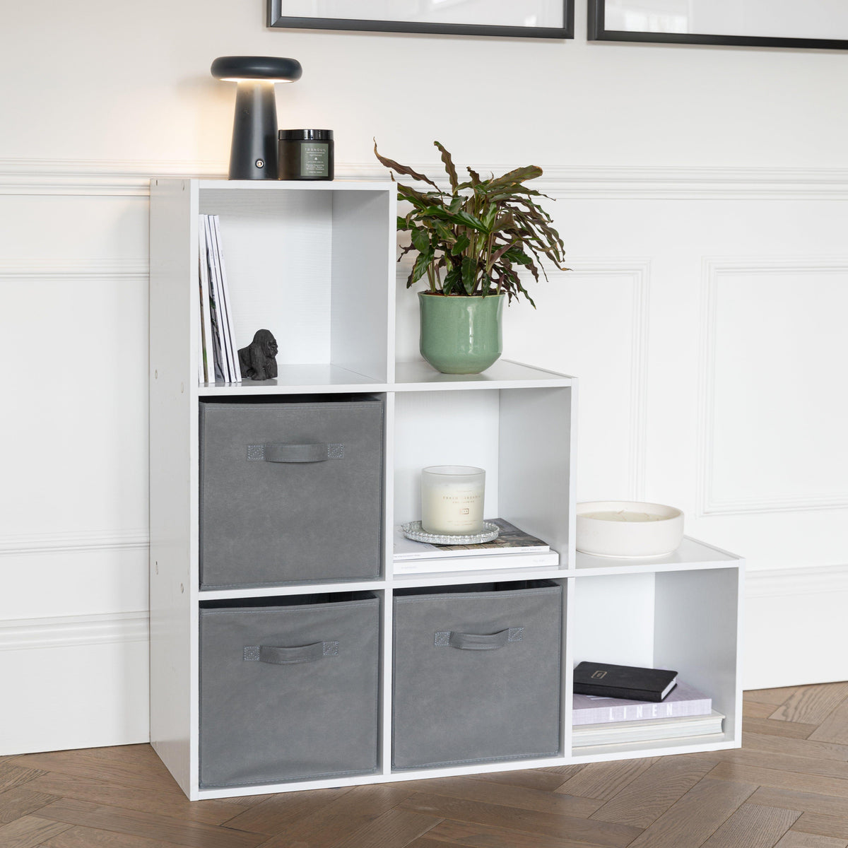 Cara 6 Cube Bookcase Ladder Storage Unit - Chalk White with Grey Boxes ...